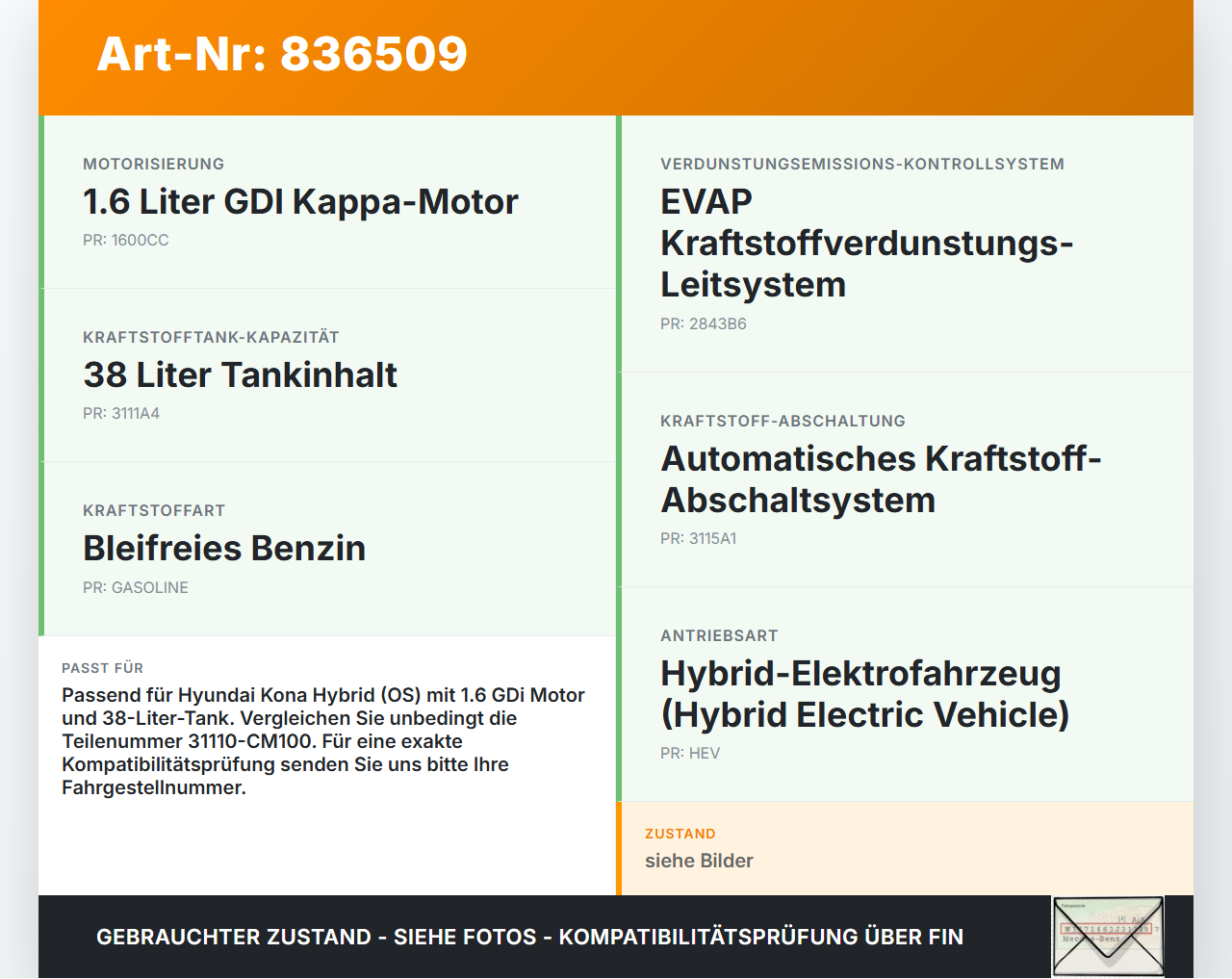 Hyundai Kona Hybr I OS 17-20 Hybrid GDi 1,6 77KW Tankgeber Tankeinheit Hyundai Kona Hybr I OS 17-20 26.06.2020... Vorschau 3