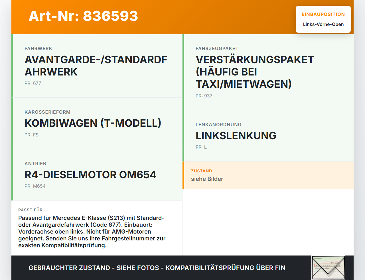 Mercedes S213 E220d 17-21 Querlenker Links Vorne Oben Mercedes S213 E220d 17-21 30.03.2017 A2053305501 gebraucht Vorschau 3