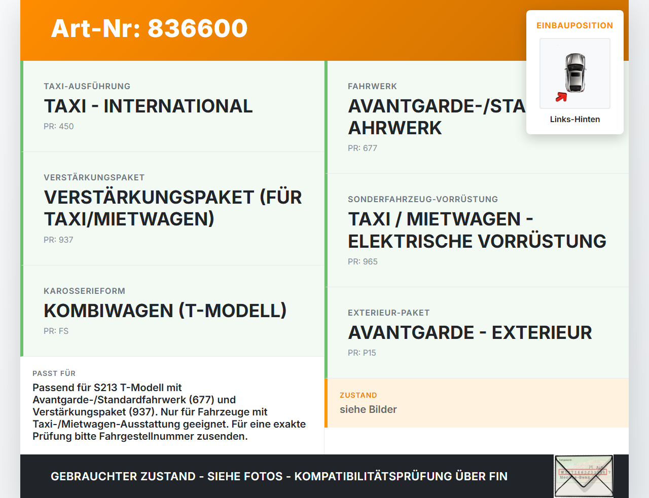 Mercedes S213 E220d 17-21 Kombi Stossdämpfer Links Hinten Mercedes S213 E220d 17-21 30.03.2017 A2133207301 gebraucht Vorschau 3