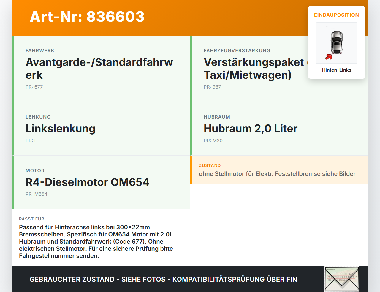Mercedes S213 E220d 17-21 CDI 2,0 143KW Bremssattel Bremszange 300x22 Hinten Links Mercedes S213 E220d 17-21... Vorschau 3