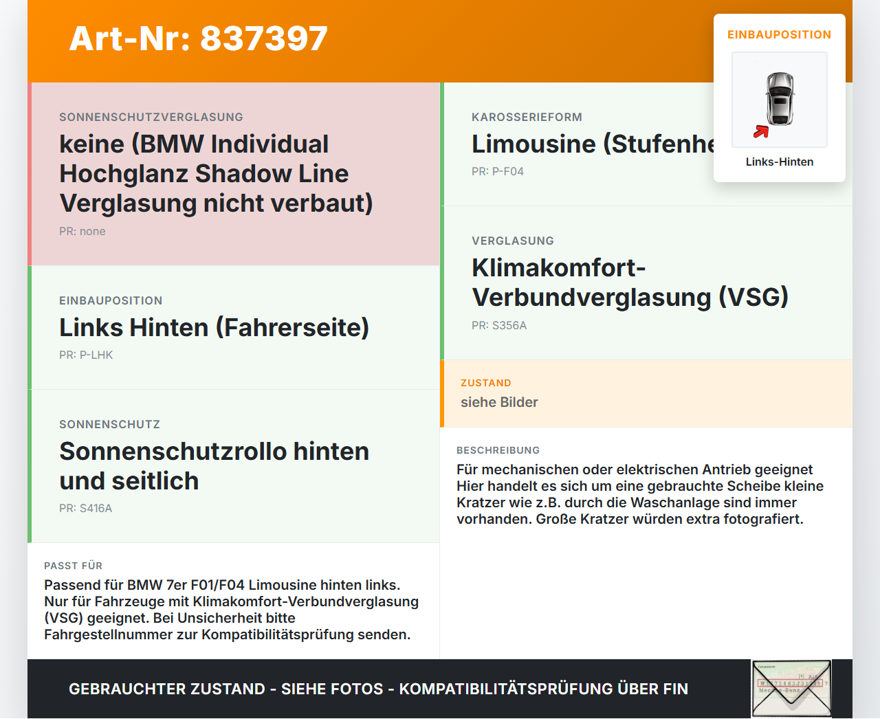 BMW F01 F04 7er AH7 08-12 Stufenheck LHK Seitenscheibe Tür Fenster Scheibe Links Hinten VSG BMW F01 F04 7er AH7... Vorschau 3