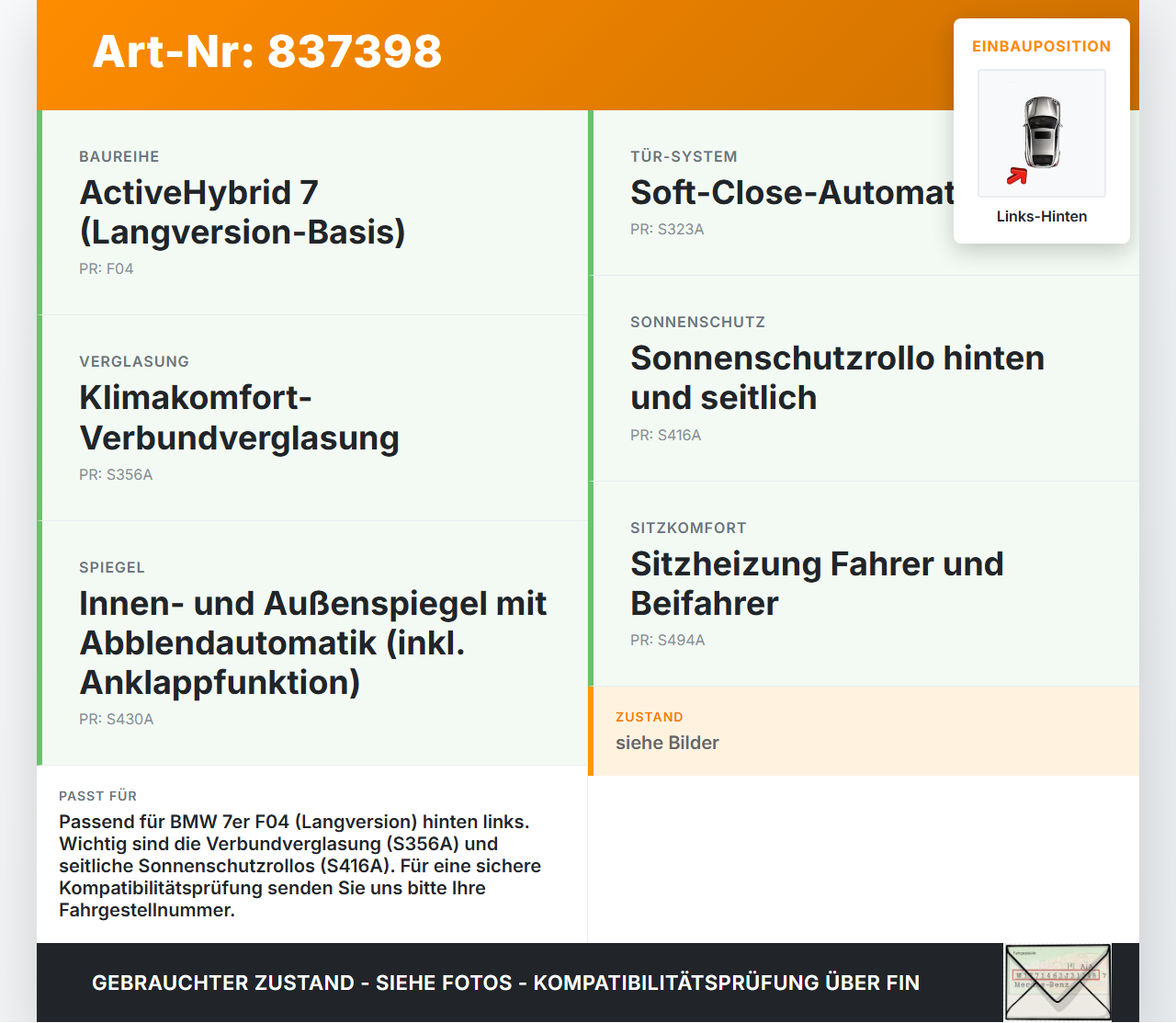 BMW F01 F04 7er AH7 08-12 Tür Leiste Scheibendichtung Links Hinten BMW F01 F04 7er AH7 08-12 01.06.2011 gebraucht Vorschau 3