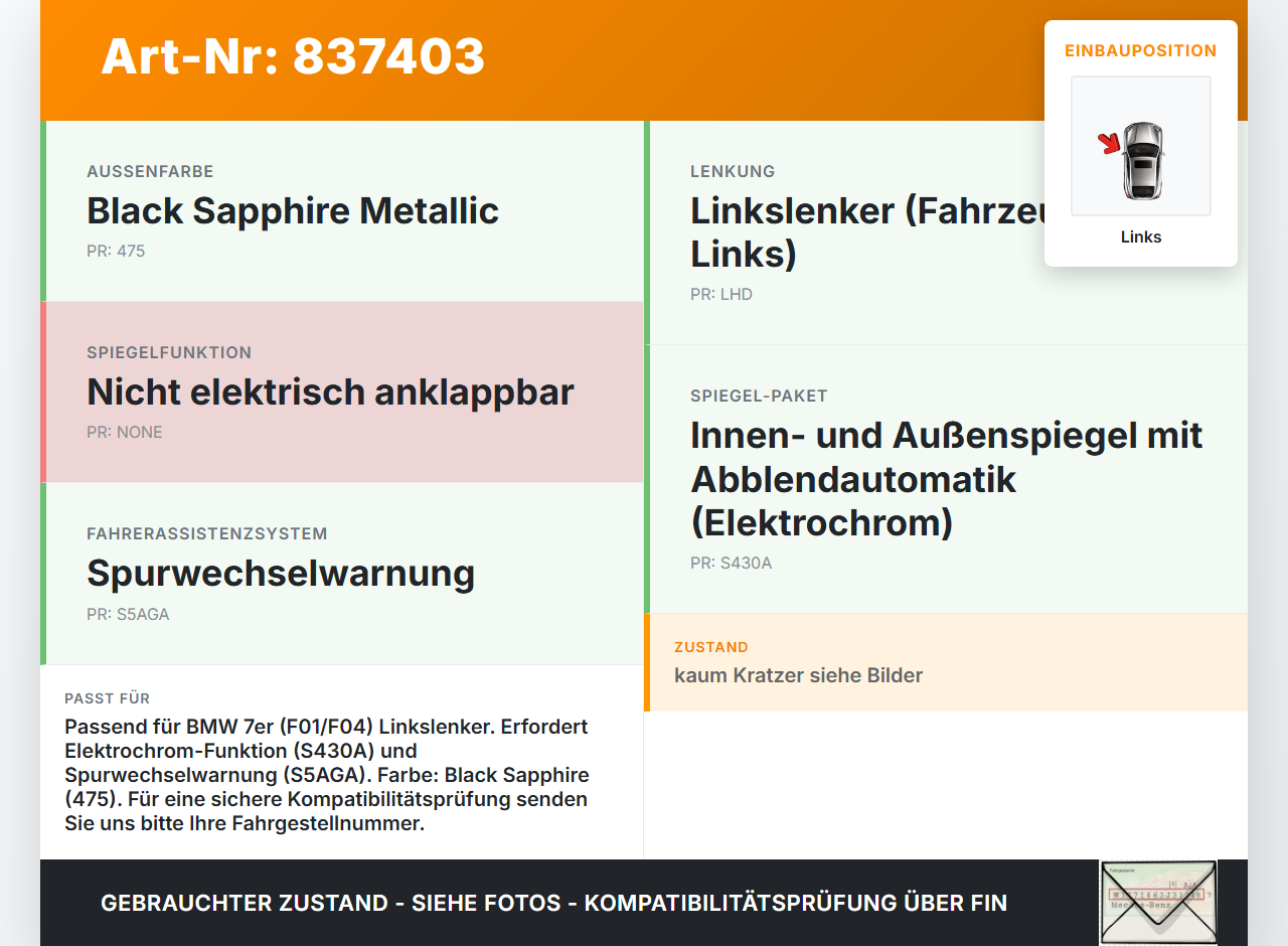 BMW F01 F04 7er AH7 08-12 Spiegel Aussenspiegel Links Elektrochrom Spurwechselwarner 475 BMW F01 F04 7er AH7 08-12... Vorschau 3