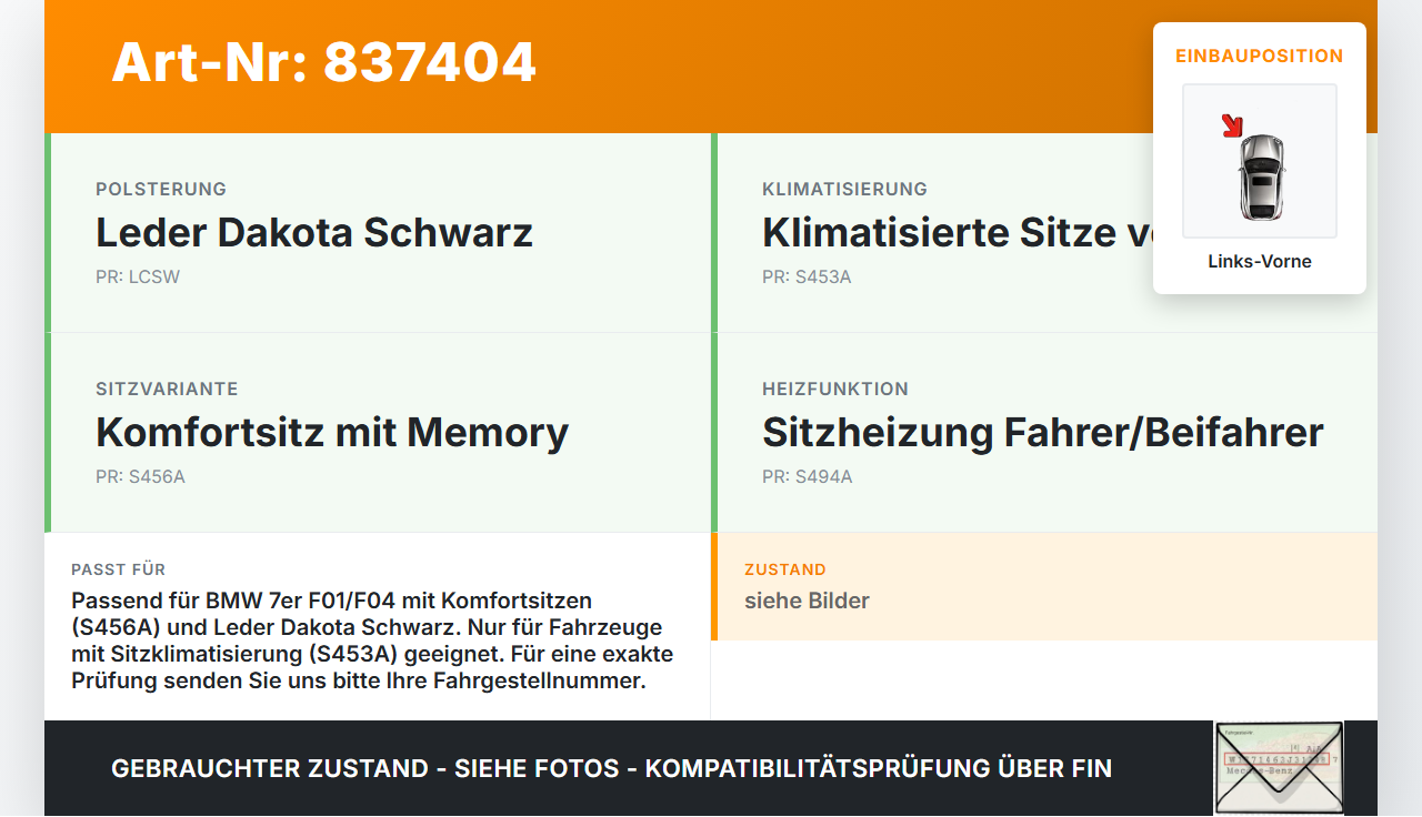 BMW F01 F04 7er AH7 08-12 Hybrid 4,4 330KW Kniekehlenkissen Vorderkissen für Sitzpolster Fahrer Sitz Links Vorne... Vorschau 3