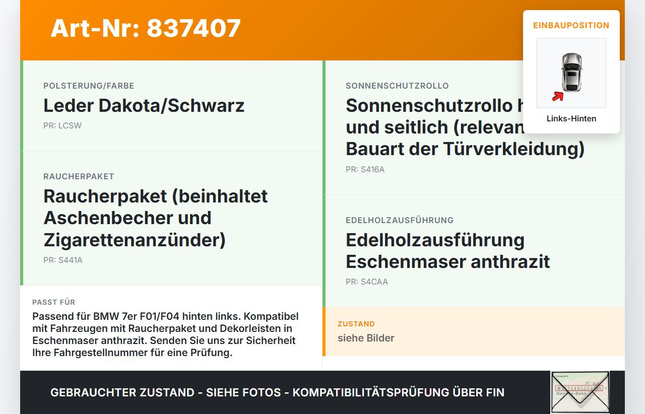 BMW F01 F04 7er AH7 08-12 Staufach für Aschenbecher Ascher Türverkleidung Links Hinten BMW F01 F04 7er AH7 08-12... Vorschau 3