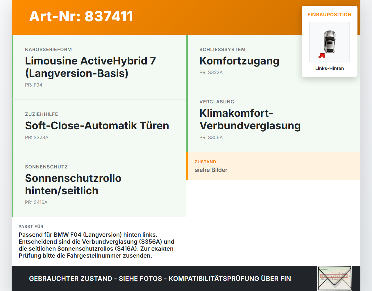 BMW F01 F04 7er AH7 08-12 Leiste für Tür Scheibendichtung Links Hinten BMW F01 F04 7er AH7 08-12 01.06.2011 7178013... Vorschau 3