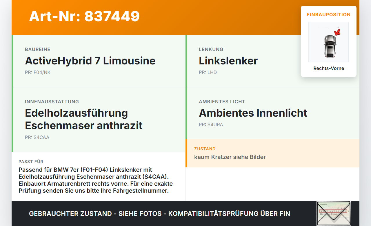 BMW F01 F04 7er AH7 08-12 Blende für Armaturenbrett Abdeckung Holzdekor Rechts Vorne BMW F01 F04 7er AH7 08-12... Vorschau 3