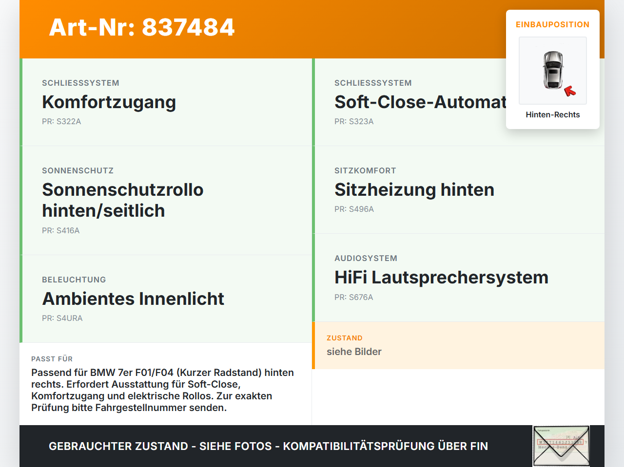 BMW F01 F04 7er AH7 08-12 Stufenheck Kabelbaum Leitungssatz für Tür und Fensterheber Hinten Rechts BMW F01 F04 7er... Vorschau 3