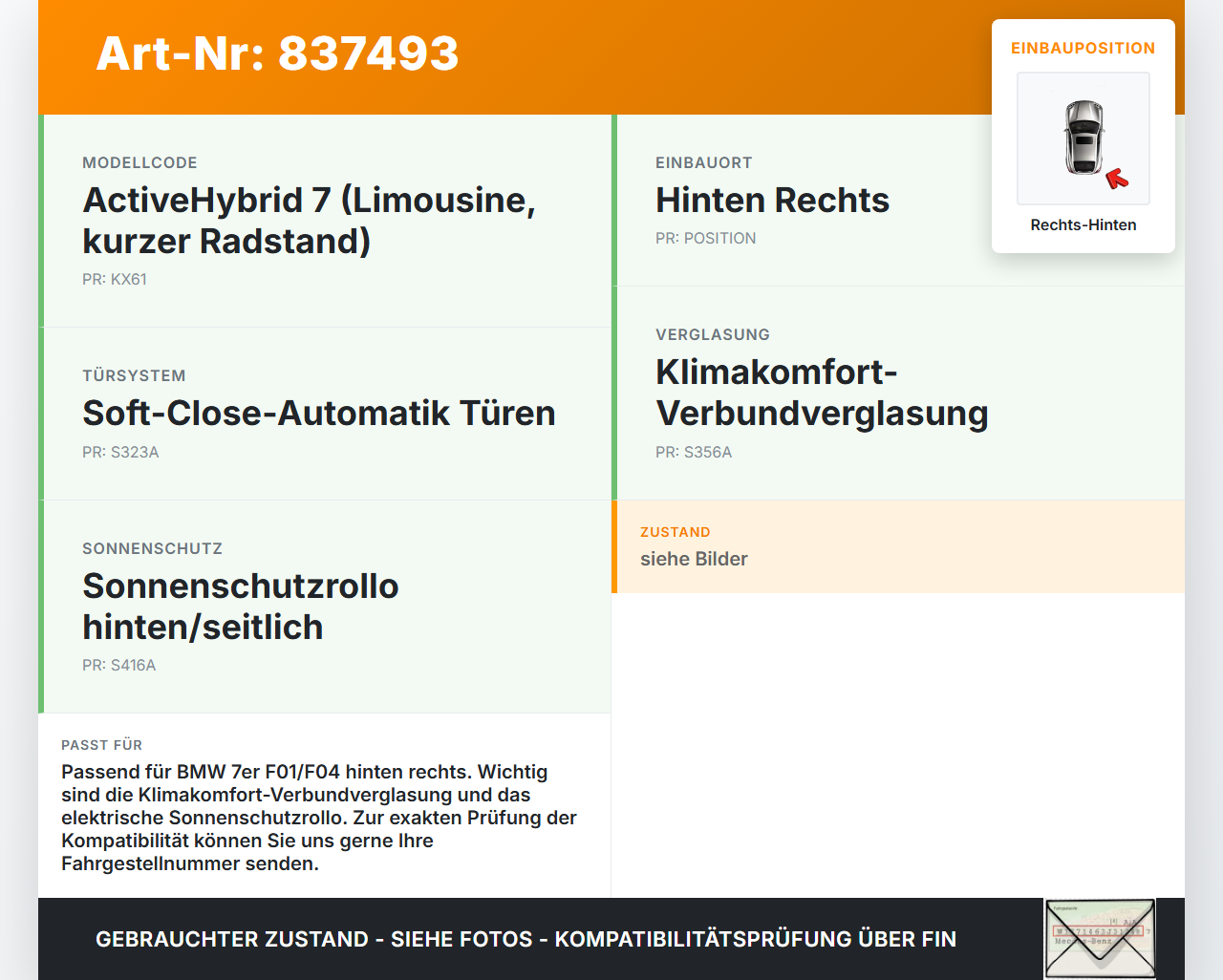 BMW F01 F04 7er AH7 08-12 Stufenheck Fensterhebermotor mit Fensterheber Rechts Hinten BMW F01 F04 7er AH7 08-12... Vorschau 3