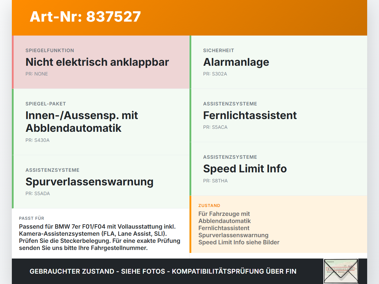 BMW F01 F04 7er AH7 08-12 Innenspiegel Rückspiegel Spiegel Innen BMW F01 F04 7er AH7 08-12 01.06.2011 5116-9224340... Vorschau 3
