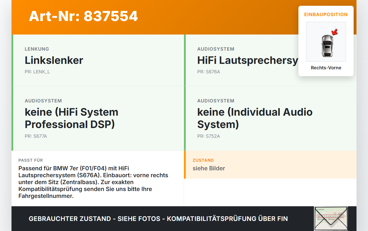 BMW F01 F04 7er AH7 08-12 Lautsprecher Rechts Vorne Zentralbass HiFi BMW F01 F04 7er AH7 08-12 01.06.2011... Vorschau 3
