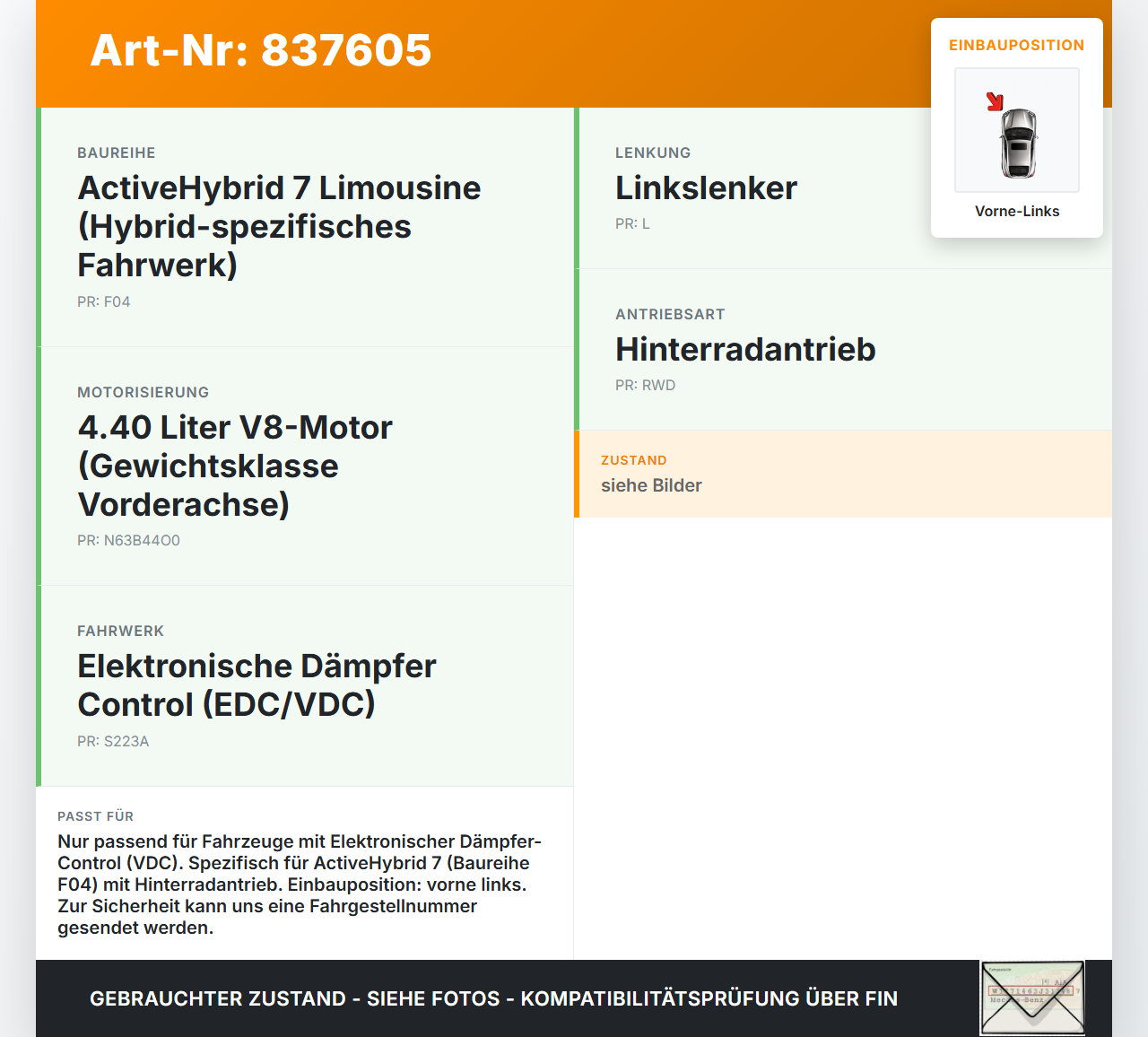 BMW F01 F04 7er AH7 08-12 Stufenheck Federbein Stossdämpfer Vorne Links VDC BMW F01 F04 7er AH7 08-12 01.06.2011... Vorschau 3