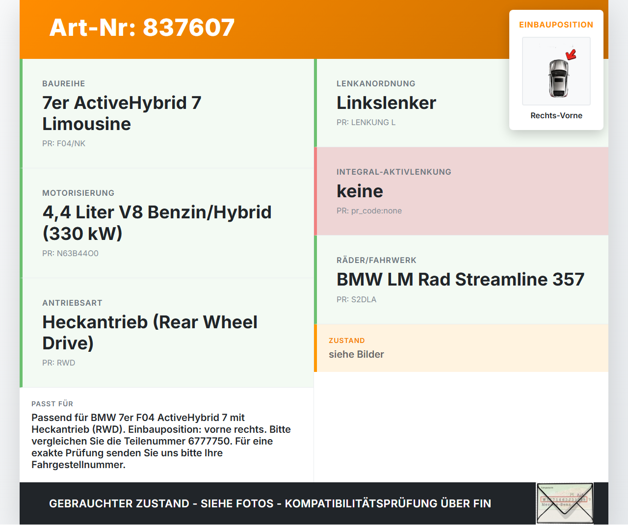 BMW F01 F04 7er AH7 08-12 Hybrid 4,4 330KW Achsschenkel Radnabe Rechts Vorne BMW F01 F04 7er AH7 08-12 01.06.2011... Vorschau 3