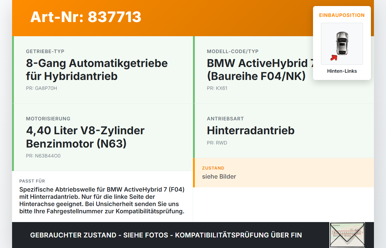 BMW F01 F04 7er AH7 08-12 Stufenheck Hybrid 4,4 330KW Antriebswelle Gelenkwelle Hinten Links BMW F01 F04 7er AH7... Vorschau 3