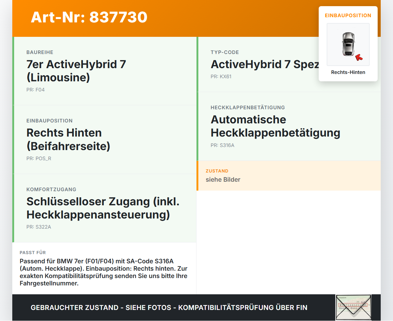 BMW F01 F04 7er AH7 08-12 Stufenheck Elektr. Dämpfer Rechts Hinten für Heckklappe BMW F01 F04 7er AH7 08-12... Vorschau 3