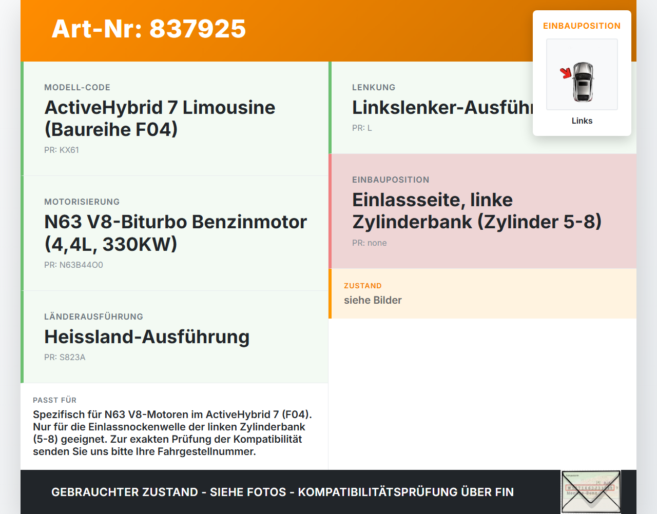 BMW F01 F04 7er AH7 08-12 Hybrid 4,4 330KW N63B44A Nockenwellenverstellung Nockenwelle Verstellung Links Einlass... Vorschau 3