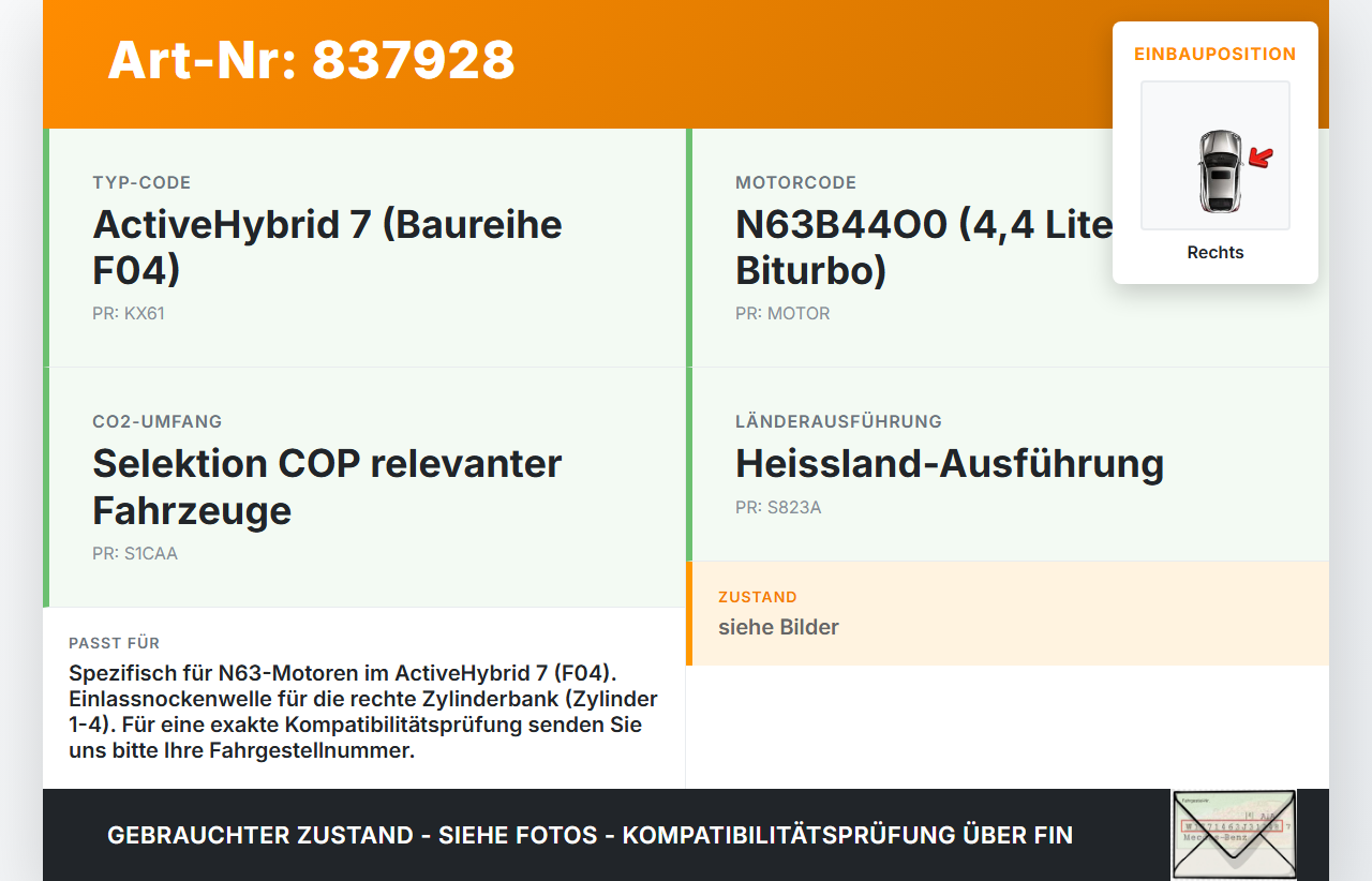 BMW F01 F04 7er AH7 08-12 Hybrid 4,4 330KW N63B44A Nockenwelle Einlass Rechts 1-4 BMW F01 F04 7er AH7 08-12... Vorschau 3