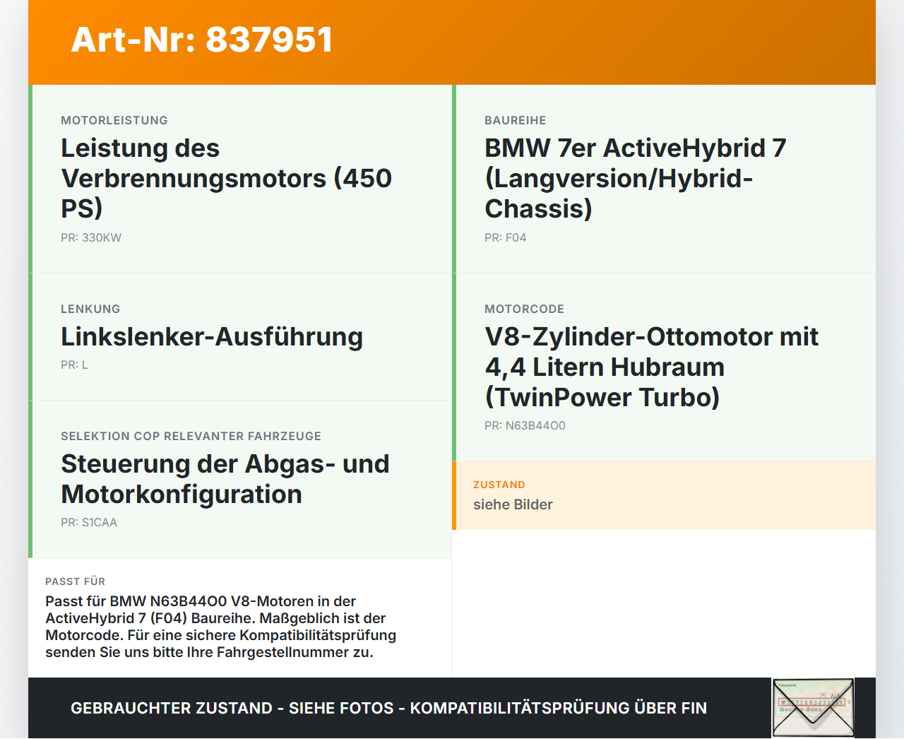 BMW F01 F04 7er AH7 08-12 Hybrid 4,4 330KW N63B44A Kipphebel Schlepphebel BMW F01 F04 7er AH7 08-12 01.06.2011... Vorschau 3