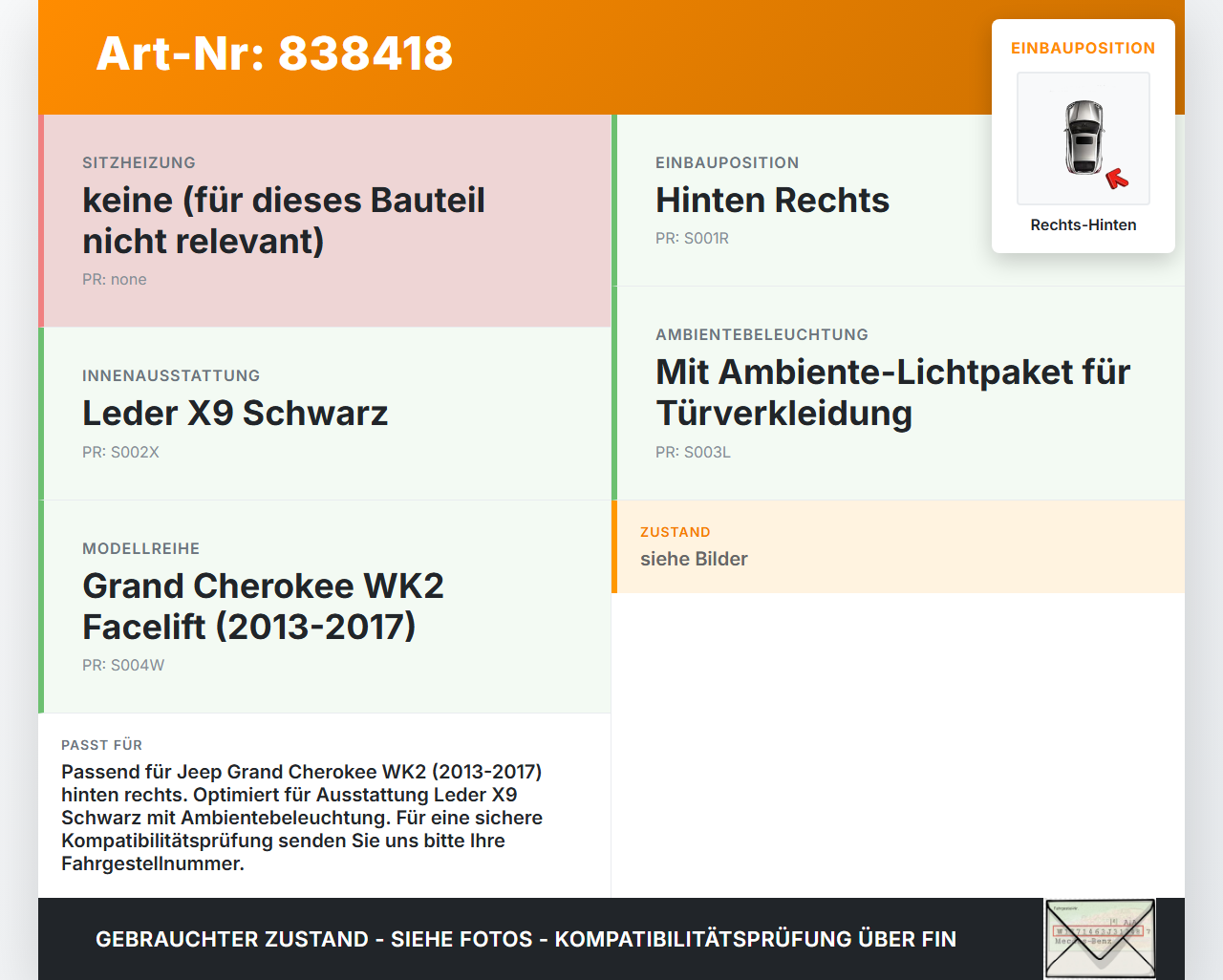Jeep Grand Cherokee WK2 13-17 Handgriff Haltegriff Rechts Hinten für Türverkleidung Jeep Grand Cherokee WK2 13-17... Vorschau 3