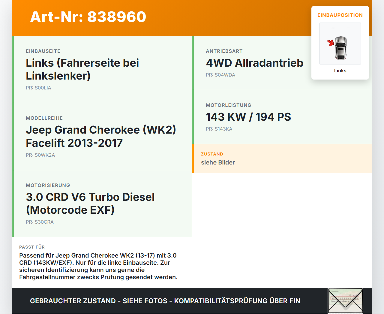 Jeep Grand Cherokee WK2 13-17 CRD 3,0 143KW EXF Abgaskrümmer Links Jeep Grand Cherokee WK2 13-17 11.07.2014... Vorschau 3