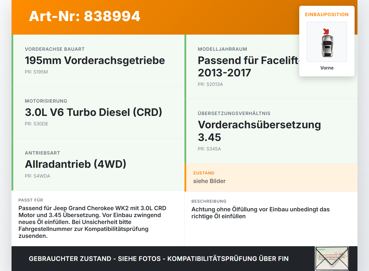 Jeep Grand Cherokee WK2 13-17 CRD 3,0 143KW 4WD Differential Vorderachsgetriebe 3.45 Vorne Jeep Grand Cherokee WK2... Vorschau 3