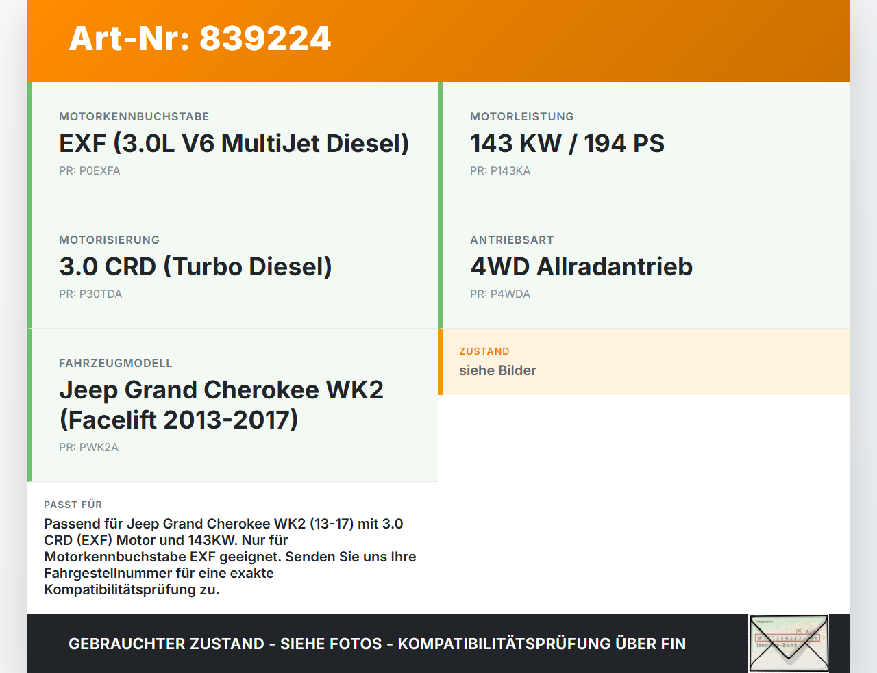Jeep Grand Cherokee WK2 13-17 CRD 3,0 143KW EXF Zahnrad Jeep Grand Cherokee WK2 13-17 11.07.2014 gebraucht Vorschau 3