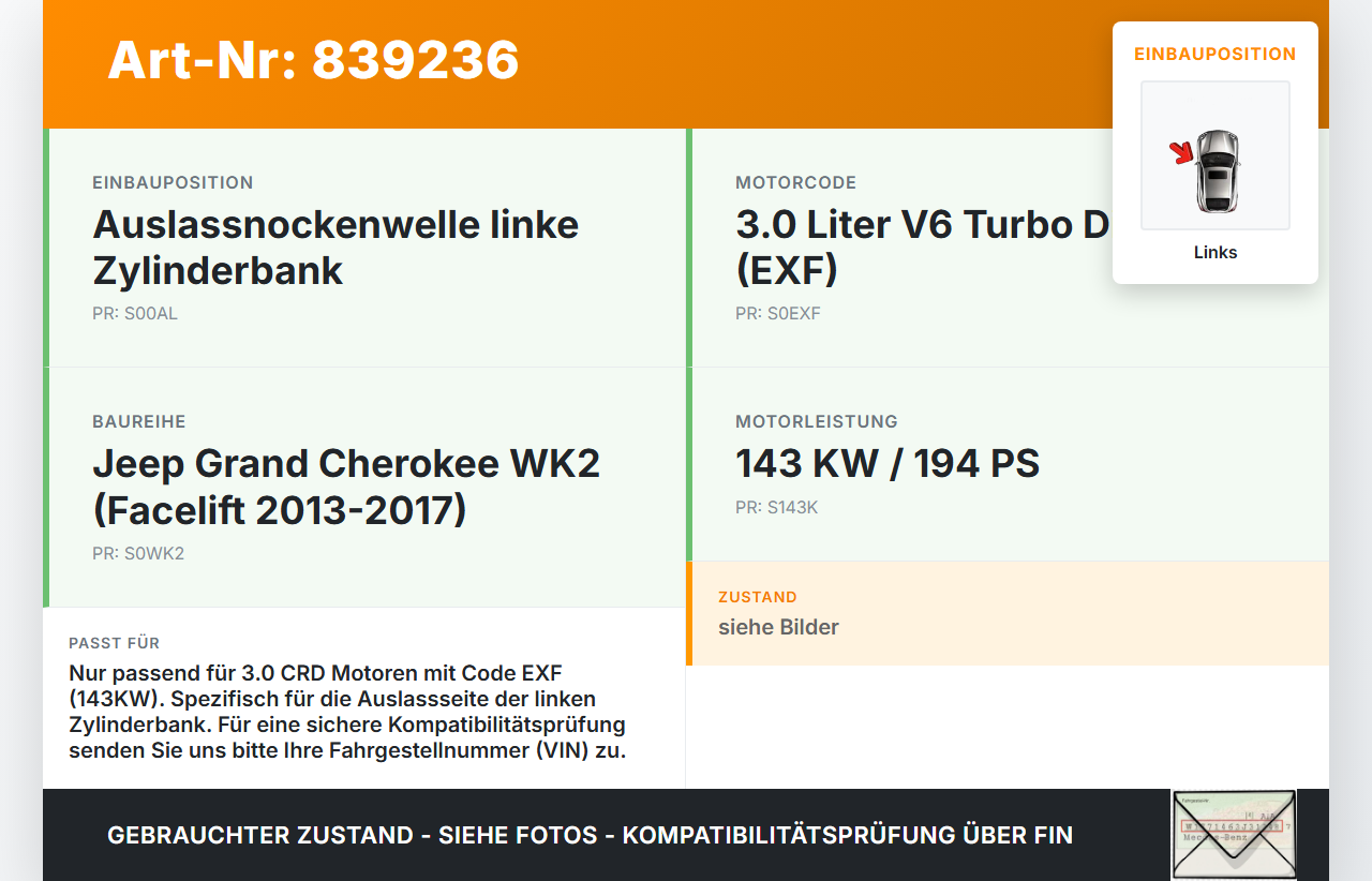 Jeep Grand Cherokee WK2 13-17 CRD 3,0 143KW EXF Nockenwelle Auslass Links Jeep Grand Cherokee WK2 13-17 11.07.2014... Vorschau 3