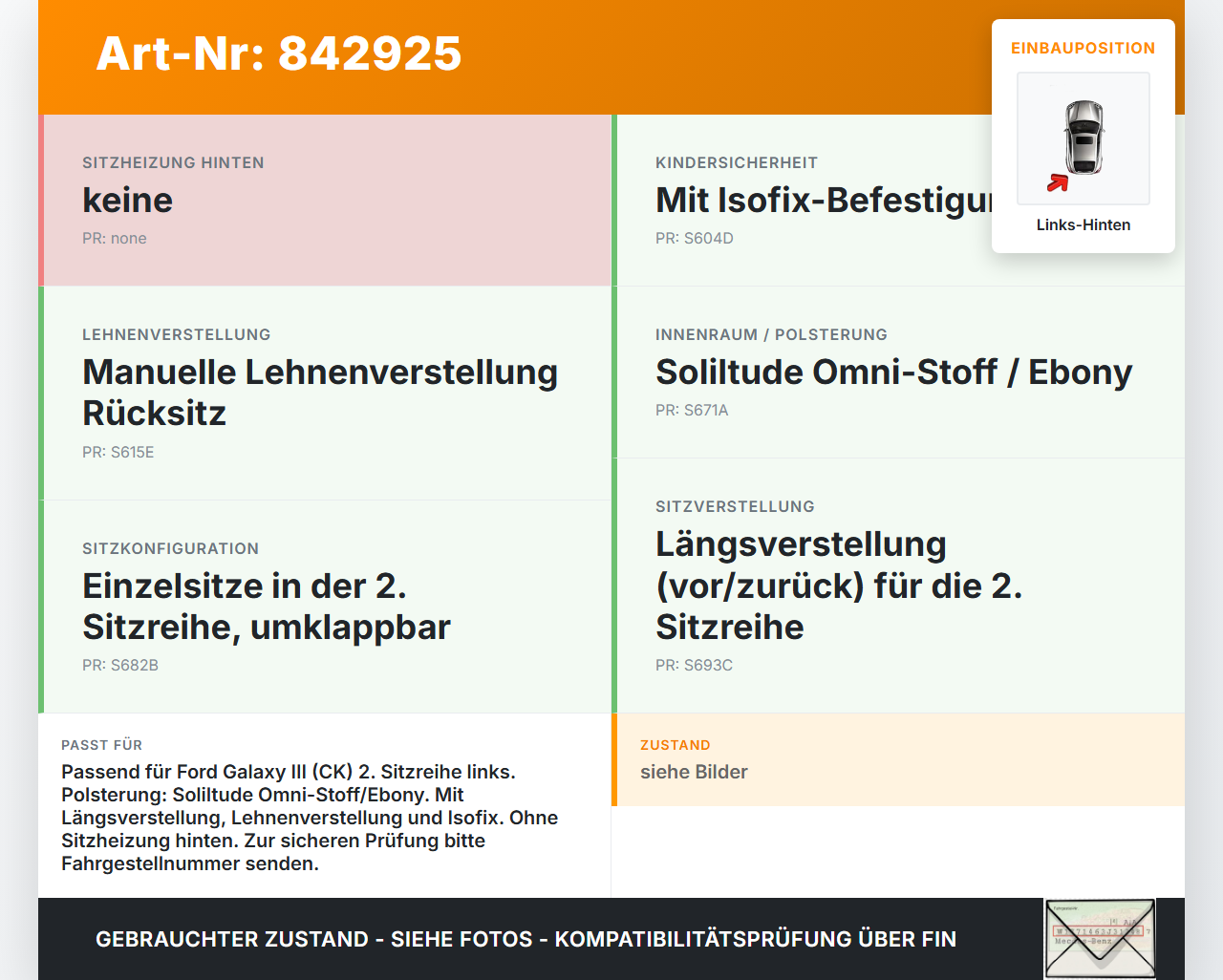 Galaxy III CK 15-19 Sitz Links Hinten Galaxy III CK 15-19 25.01.18 EM2B-R63841-AG 61831703 gebraucht Vorschau 3