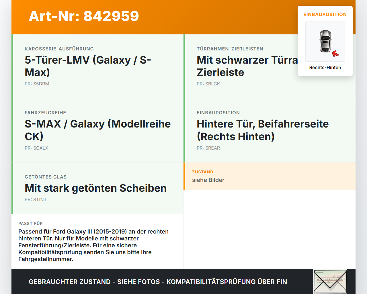Galaxy III CK 15-19 Dichtung für Rahmen Tür Rechts Hinten Galaxy III CK 15-19 25.01.18 GM2B-U25324-AA 2061927 gebraucht Vorschau 3