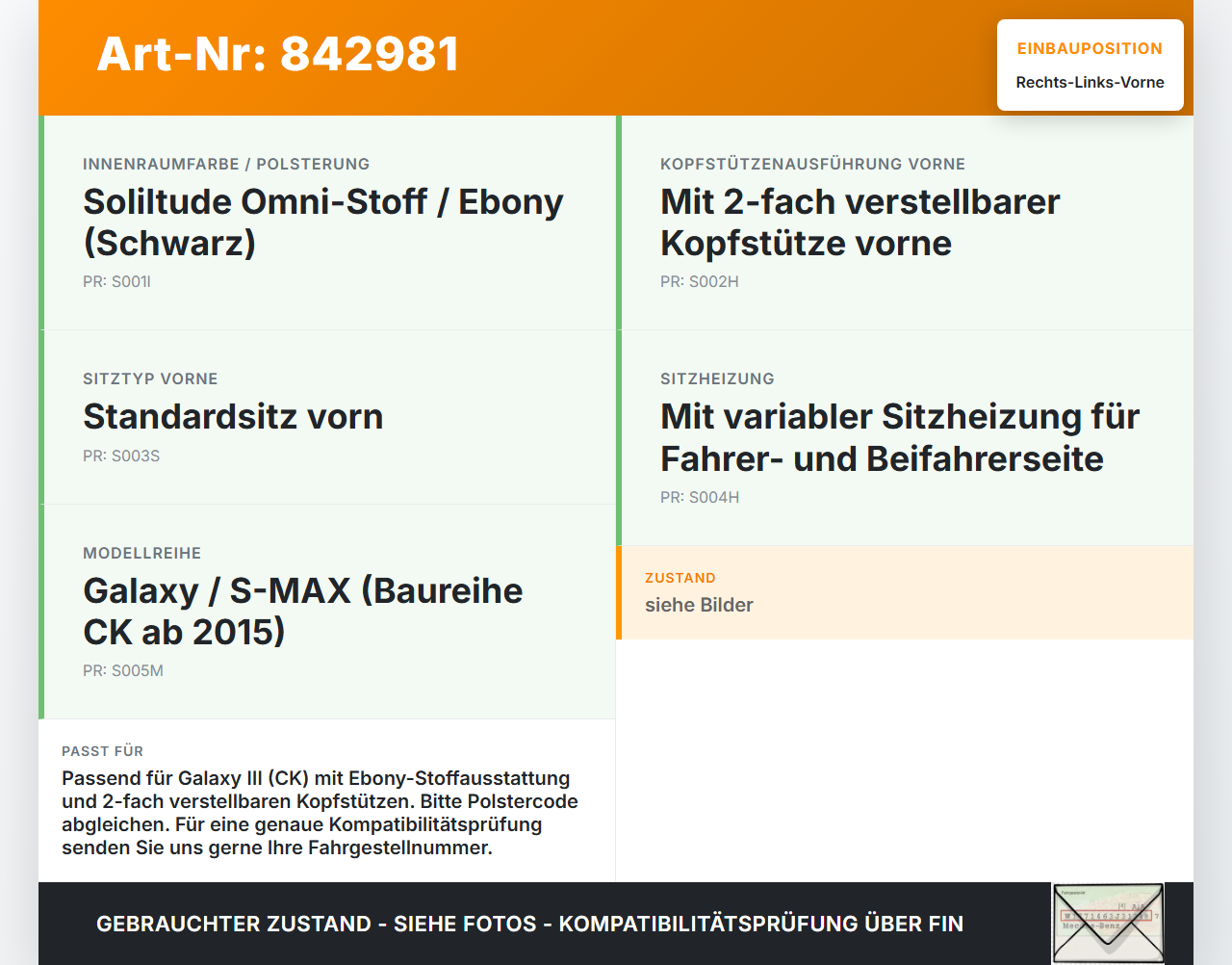 Galaxy III CK 15-19 Kopfstütze für Beifahrer Sitz Rechts oder Links Vorne Galaxy III CK 15-19 25.01.18... Vorschau 3