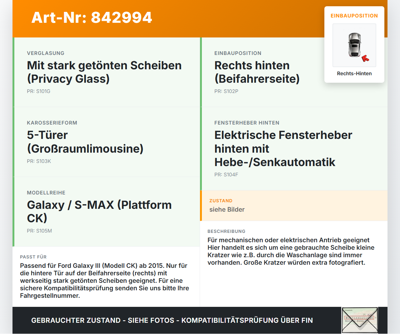 Galaxy III CK 15-19 Seitenscheibe RHK Türscheibe Rechts Hinten Orig. getönt Galaxy III CK 15-19 25.01.18... Vorschau 3