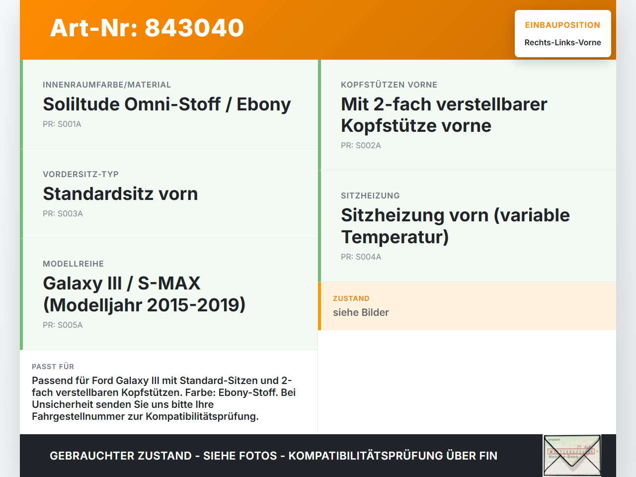 Galaxy III CK 15-19 Kopfstütze für Fahrer Sitz Rechts oder Links Vorne Galaxy III CK 15-19 25.01.18 gebraucht Vorschau 3