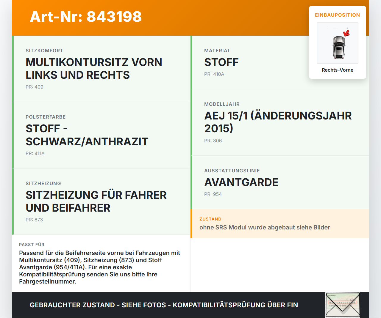 Mercedes S212 E350d 13-16 Kombi Rückenpolster Rechts Vorne für Beifahrer Sitz beheizt Mercedes S212 E350d 13-16... Vorschau 3