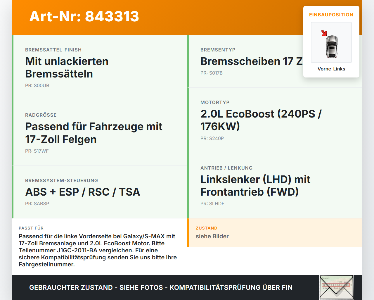 Galaxy III CK 15-19 2,0 176KW Bremssattel Bremszange Vorne Links Galaxy III CK 15-19 25.01.18 HG9C-2D253-AC... Vorschau 3