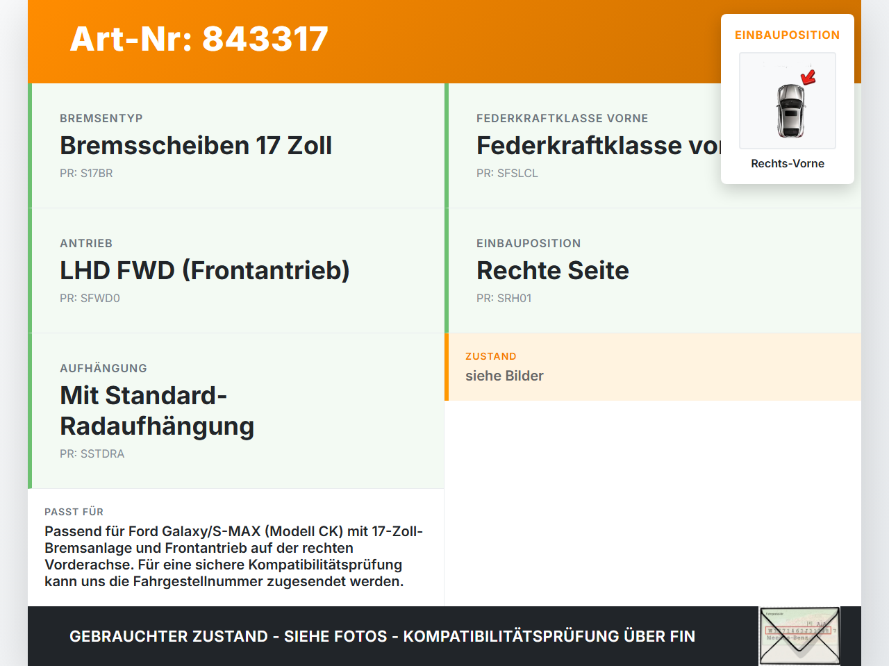 Galaxy III CK 15-19 2,0 176KW Achsschenkel Radnabe Rechts Vorne Galaxy III CK 15-19 25.01.18 E1GC-5B758-AF 2650372... Vorschau 3