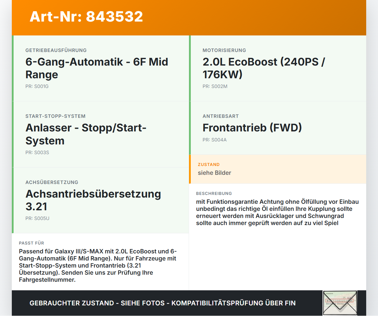 Galaxy III CK 15-19 2,0 176KW Autom C6FMID Automatikgetriebe Getriebe Galaxy III CK 15-19 25.01.18 RME1GP-7000-PA... Vorschau 3