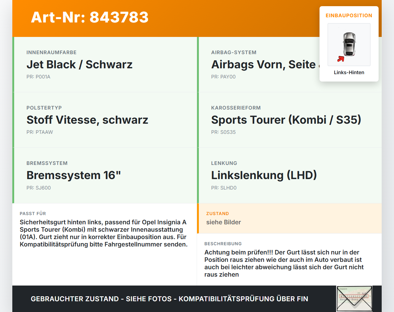 Opel Insignia A G09 08-13 Kombi Gurt Sicherheitsgurt Links Hinten Opel Insignia A G09 08-13 29.12.2009... Vorschau 3