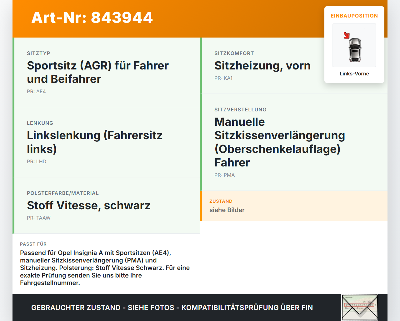 Opel Insignia A G09 08-13 Kombi Sitzbezug Sitzpolster für Fahrersitz Sitz Links Vorne beheizt Opel Insignia A G09... Vorschau 3