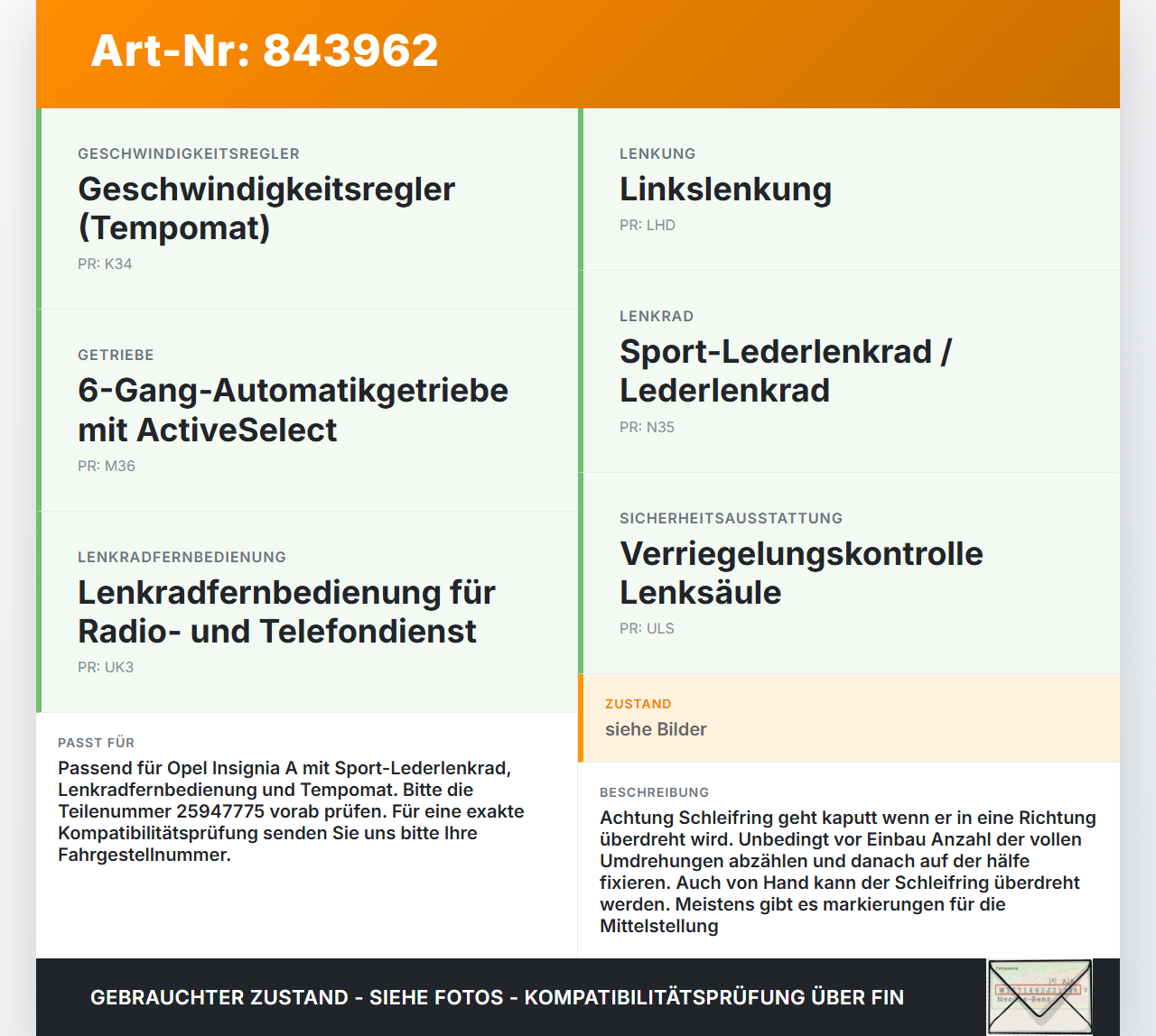 Opel Insignia A G09 08-13 Airbag Schleifring Wickelfeder Opel Insignia A G09 08-13 29.12.2009 25947775 gebraucht Vorschau 3