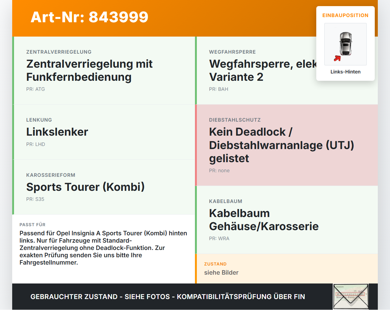 Opel Insignia A G09 08-13 Kombi Türschloss m. ZV Stellmotor Links Hinten Opel Insignia A G09 08-13 29.12.2009... Vorschau 3