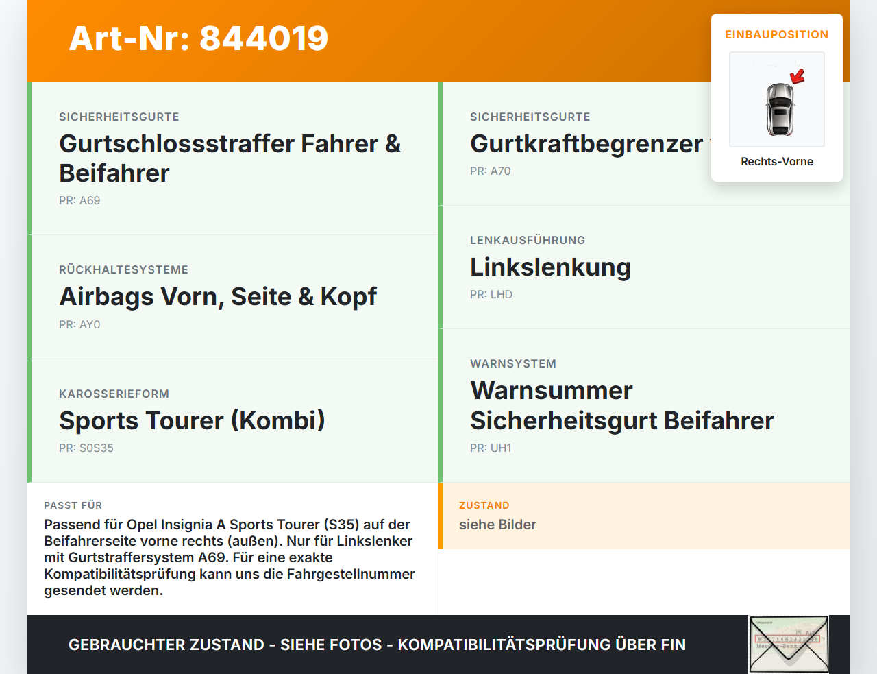 Opel Insignia A G09 08-13 Kombi Gurtstraffer Beifahrer Rechts Vorne Aussen Opel Insignia A G09 08-13 29.12.2009... Vorschau 3