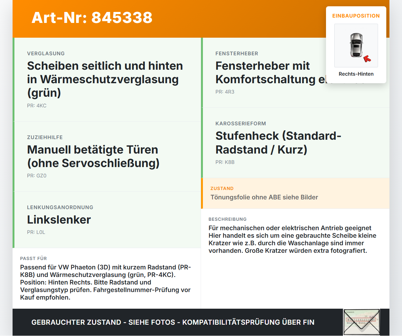 VW Phaeton 3D GP1 07-10 Kurz RHK Seitenscheibe für Tür Fenster Scheibe Rechts Hinten VSG VW Phaeton 3D GP1 07-10... Vorschau 3