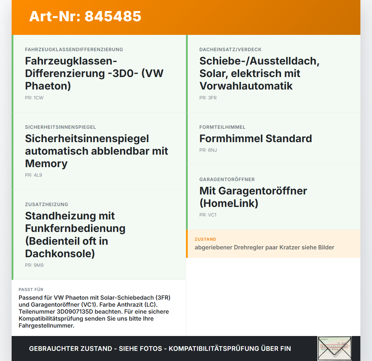 VW Phaeton 3D GP1 07-10 Innenleuchte Innenraumleuchte Innenraumbeleuchtung Schiebedachschalter VW Phaeton 3D GP1... Vorschau 3