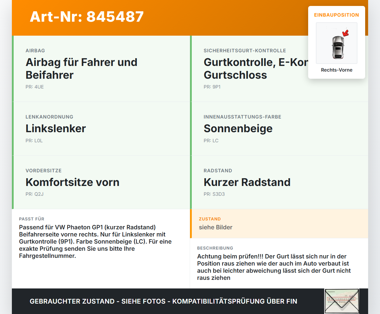 VW Phaeton 3D GP1 07-10 Kurz Gurt Sicherheitsgurt Gurtstraffer für Beifahrer Rechts Vorne Sonnenbeige VW Phaeton 3D... Vorschau 3
