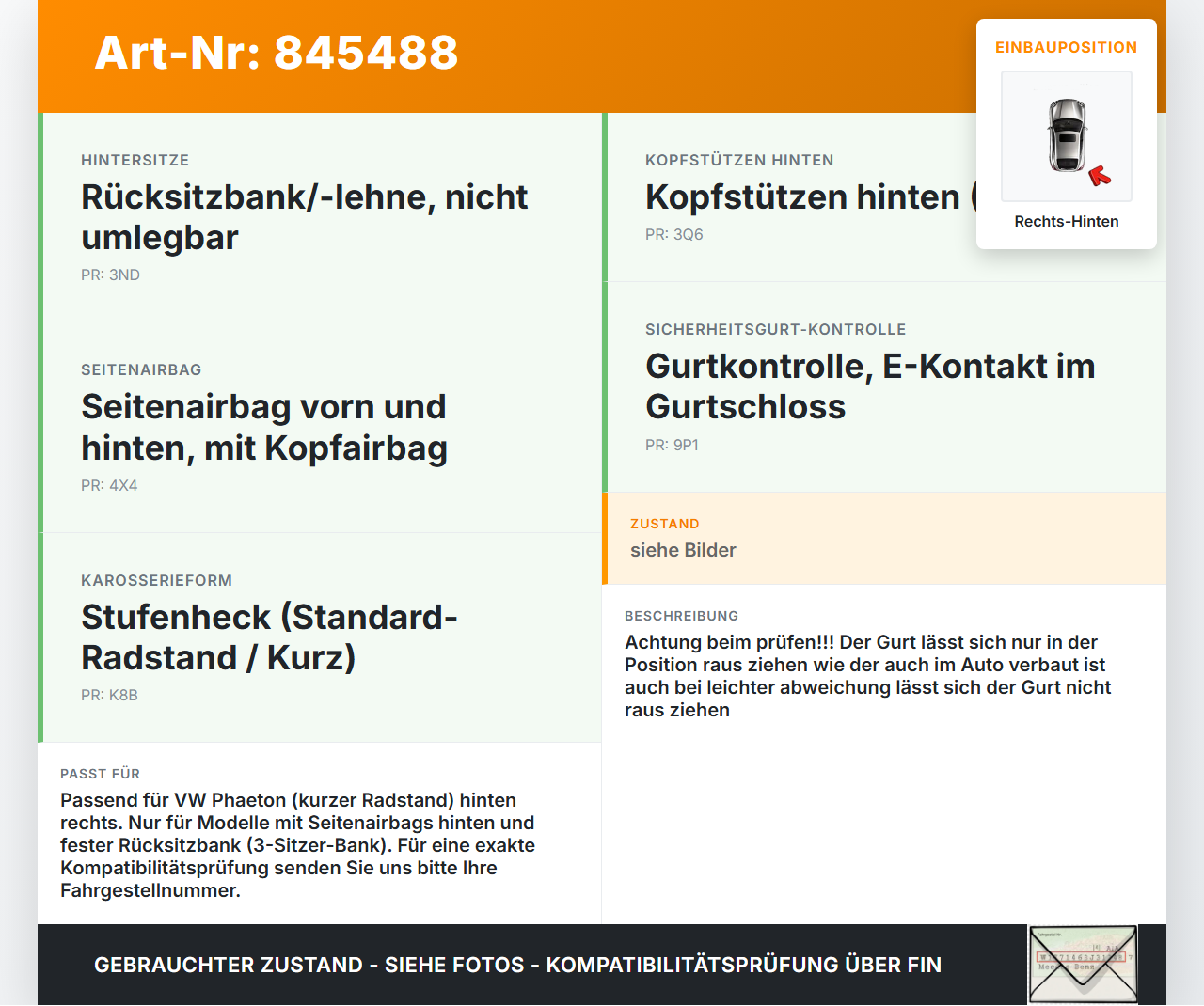 VW Phaeton 3D GP1 07-10 Kurz Gurt Sicherheitsgurt Rechts Hinten VW Phaeton 3D GP1 07-10 23.04.2007 3D0857806M... Vorschau 3
