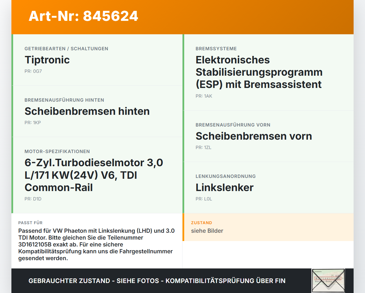 VW Phaeton 3D GP1 07-10 TDI 3,0 171KW Bremskraftverstärker VW Phaeton 3D GP1 07-10 23.04.2007 3D1612105B gebraucht Vorschau 3