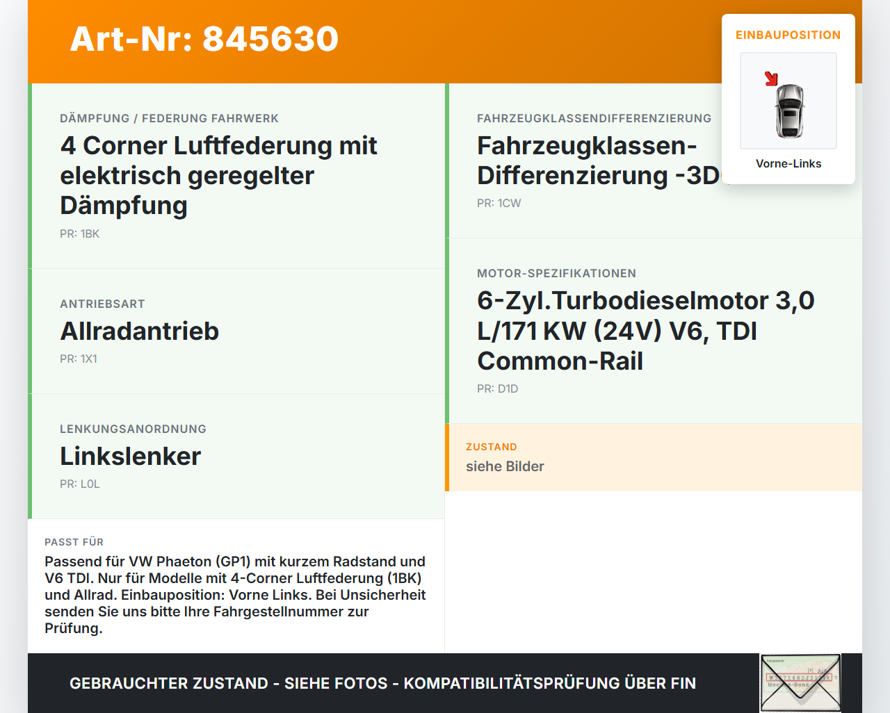 VW Phaeton 3D GP1 07-10 Kurz Stossdämpfer Federbein Luftfahrwerk Vorne Links VW Phaeton 3D GP1 07-10 23.04.2007... Vorschau 3