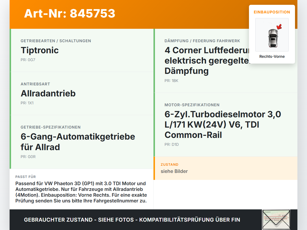 VW Phaeton 3D GP1 07-10 TDI 3,0 171KW Autom Antriebswelle Gelenkwelle Rechts Vorne VW Phaeton 3D GP1 07-10... Vorschau 3