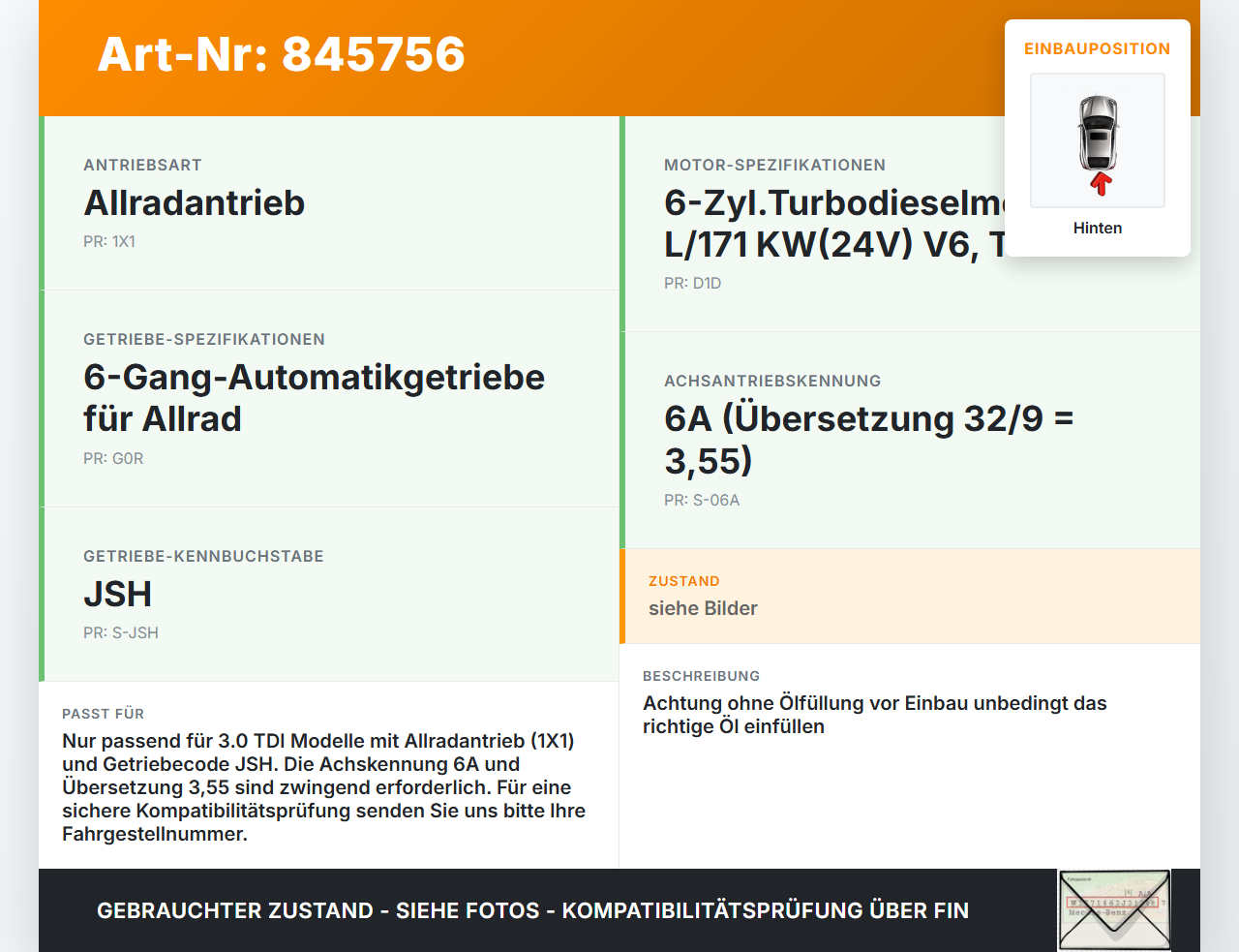 VW Phaeton 3D GP1 07-10 TDI 3,0 171KW Differential Hinterachsgetriebe Hinten 3,55 VW Phaeton 3D GP1 07-10... Vorschau 3