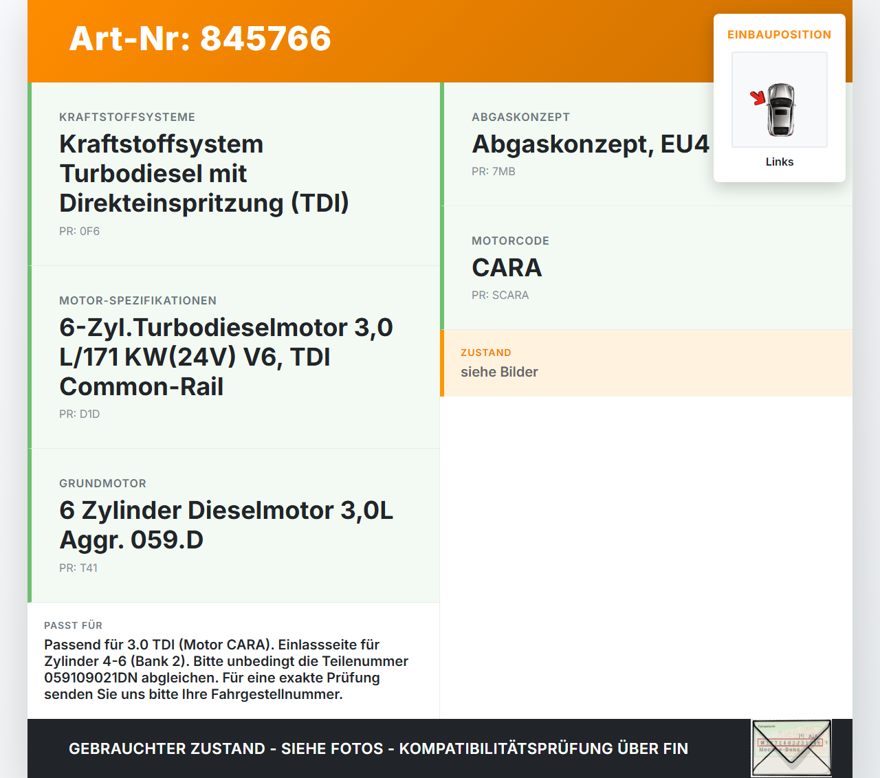 VW Phaeton 3D GP1 07-10 TDI 3,0 171KW CARA Nockenwelle Einlass Links 4-6 VW Phaeton 3D GP1 07-10 23.04.2007... Vorschau 3
